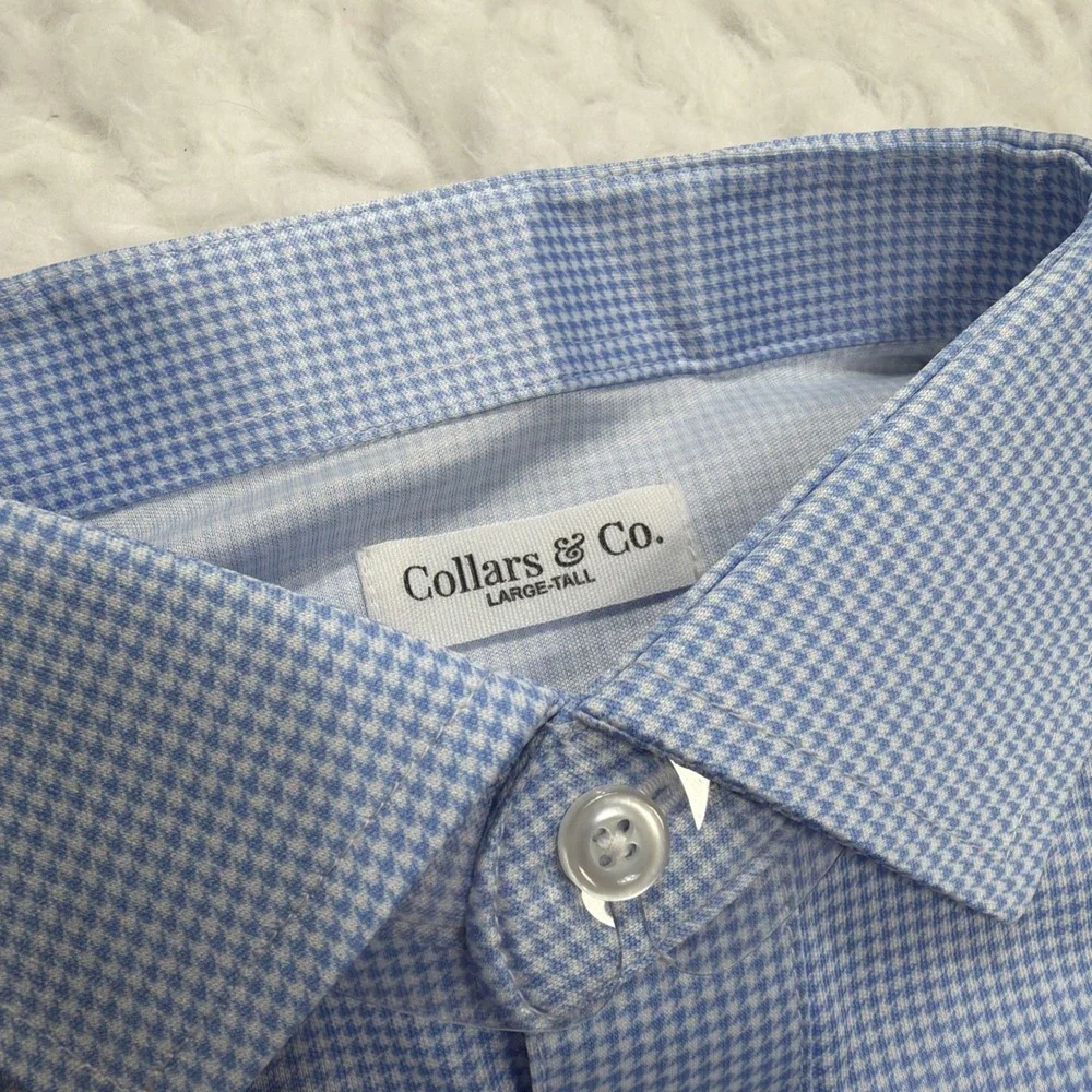 COLLARS & CO. Firm Dress Collar Polo Shirt Mens Large Tall LT Blue White AOP New